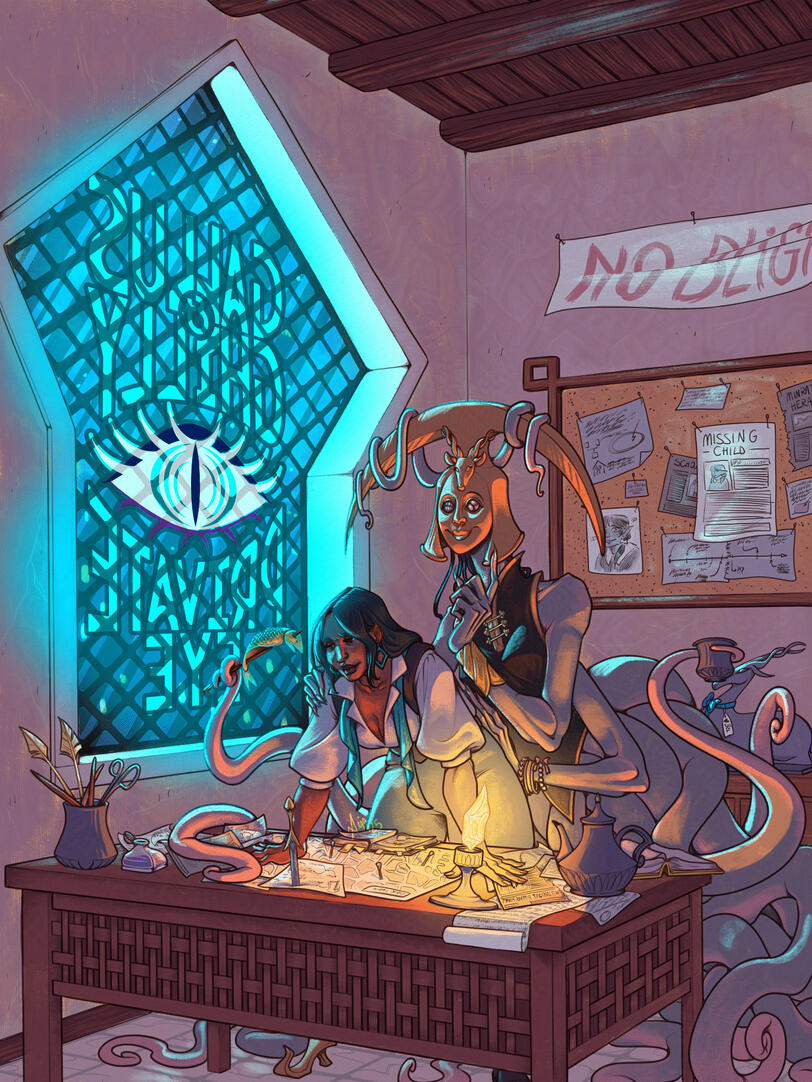 Private Eye A nocturnal view of the inside of Neve Gallus' study, from Dragon Age: The Veilguard. On the left, a neon sign on the window lights the scene in blue, it says "Gallus and Ghilly, private eye", with the logo of an eye in the middle. Neve is leaning over a d