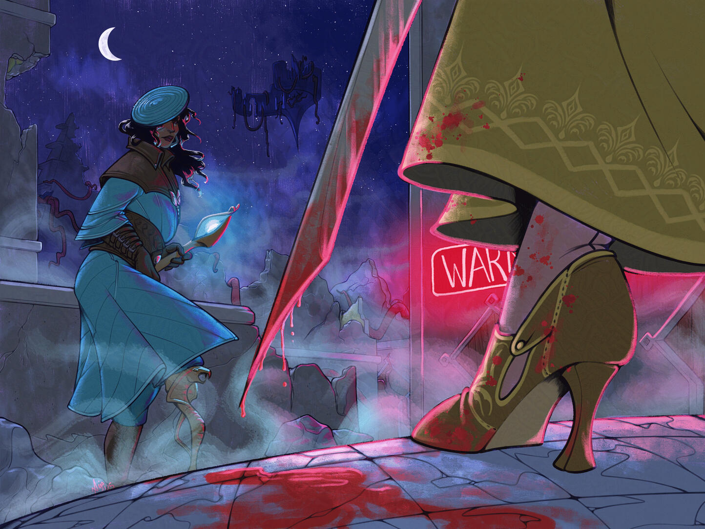 Noir A coloured illustration depicting a nocturnal scene viewed from the bottom up. A sickle moon is lighting Neve Gallus, from Dragon Age: The Veilguard. She's dressed in turquoise with a brown protection on her shoulders, and holding a magic staff whose cryst