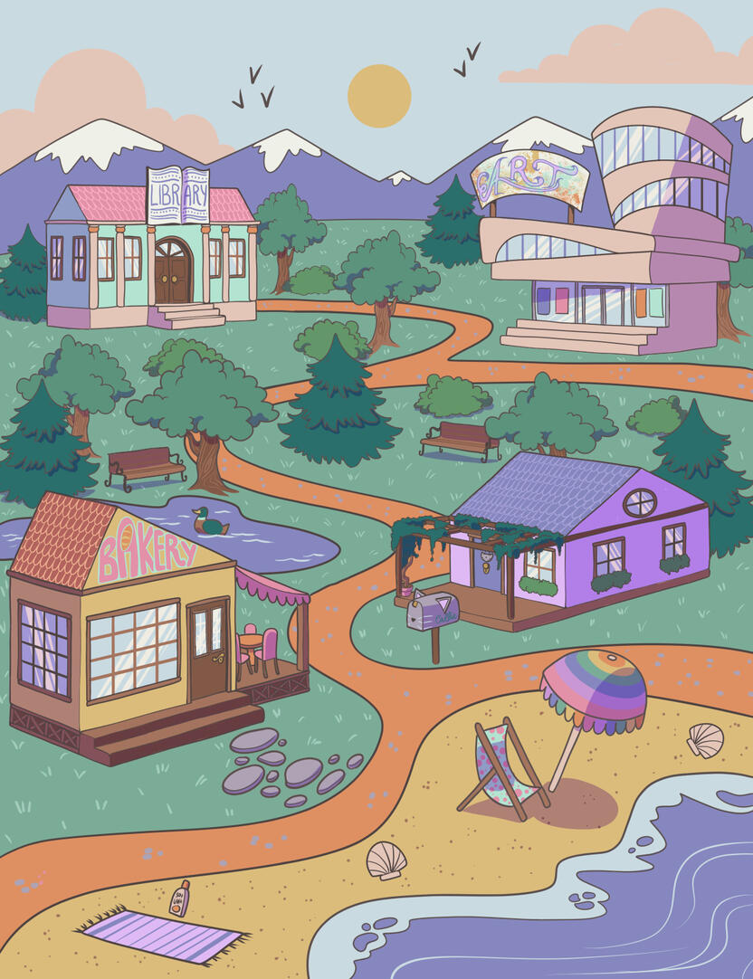 A test I did for the app "Callie". I was ultimately discarded due to impossibilities in remote work, but I was told I could publish my work. A coloured illustration of the map of a town, spacing from a beach to some mountains. It's cartoonish, and feature