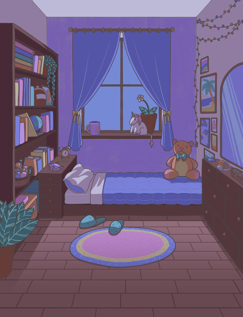 A test I did for the app "Callie". I was ultimately discarded due to impossibilities in remote work, but I was told I could publish my work. A coloured illustration of the same bedroom as before, but during nighttime.