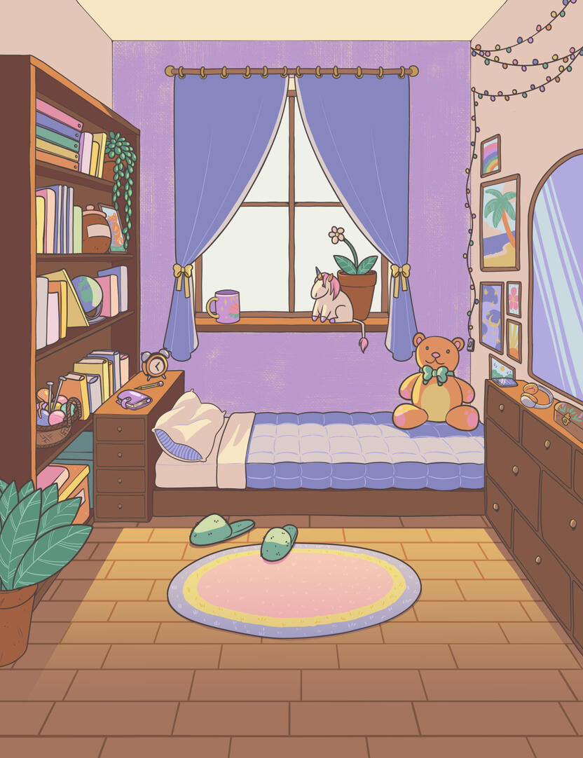 Callie's room - Day A test I did for the app "Callie". I was ultimately discarded due to impossibilities in remote work, but I was told I could publish my work. A coloured illustration of a bedroom. A bed under the window, leaning against a bookshelf. It's very girly and past