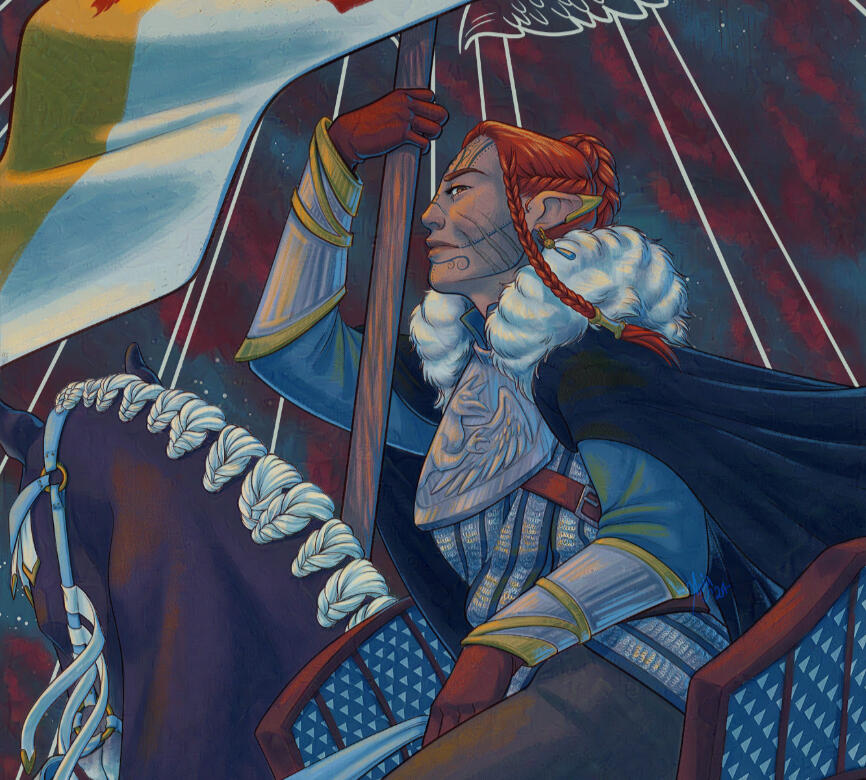 The Chariot Tarot Card A coloured illustration of a woman riding a horse and holding a medieval standard. She's looking from upside down to the viewer, and is dressed in armour.