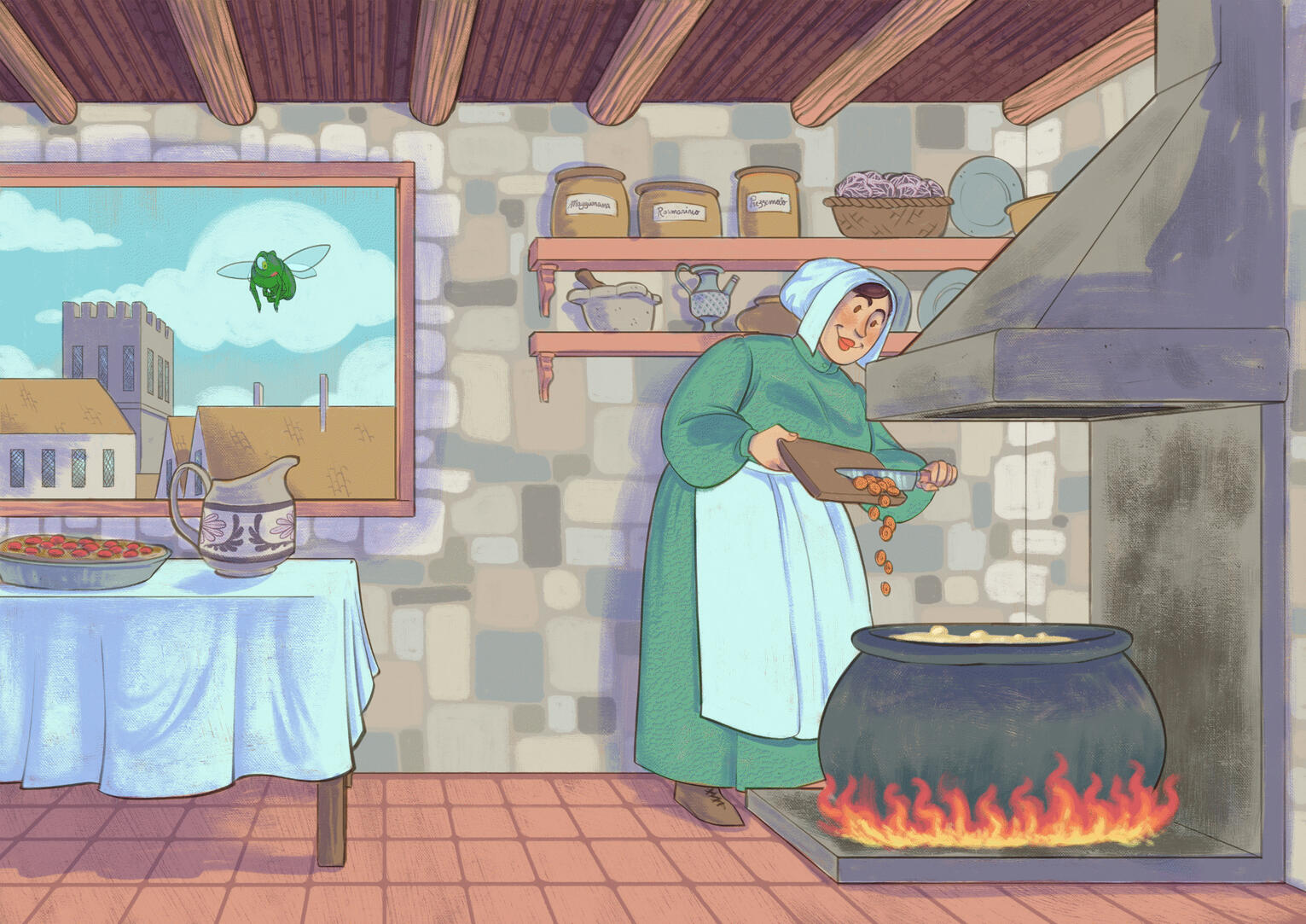 Work for a private client for an ongoing fairy tales book project. A digital illustration of a medieval kitchen. A woman is throwing into a soup pot in the fireplace some carrots. In the window, above a view of the town outside, a fly notices the soup and