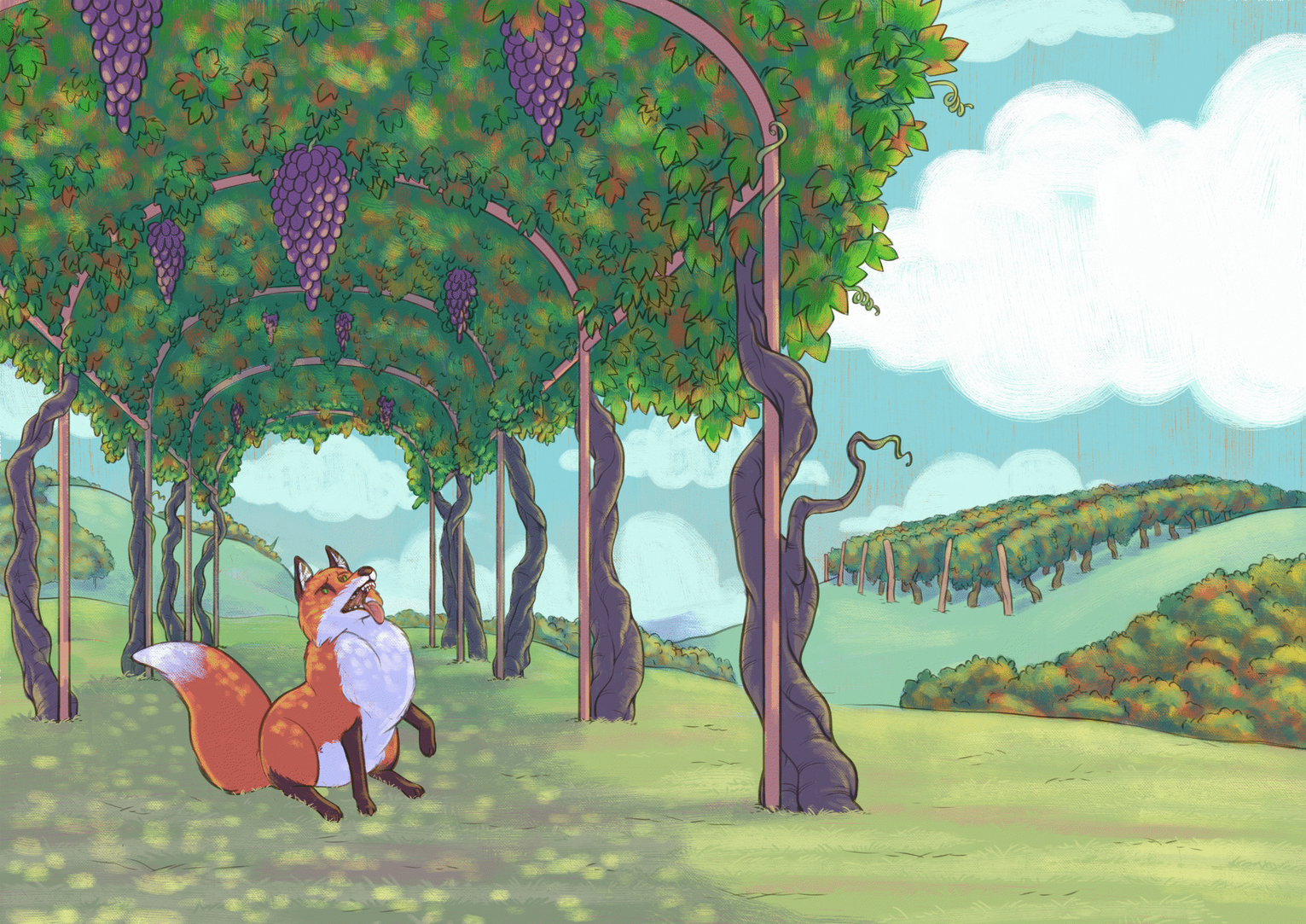 Work for a private client for an ongoing fairy tales book project. A chubby red fox is sitting in a vine scaffolding, and looking hungrily at the grapes hanging down. Inviting, but just out of reach.